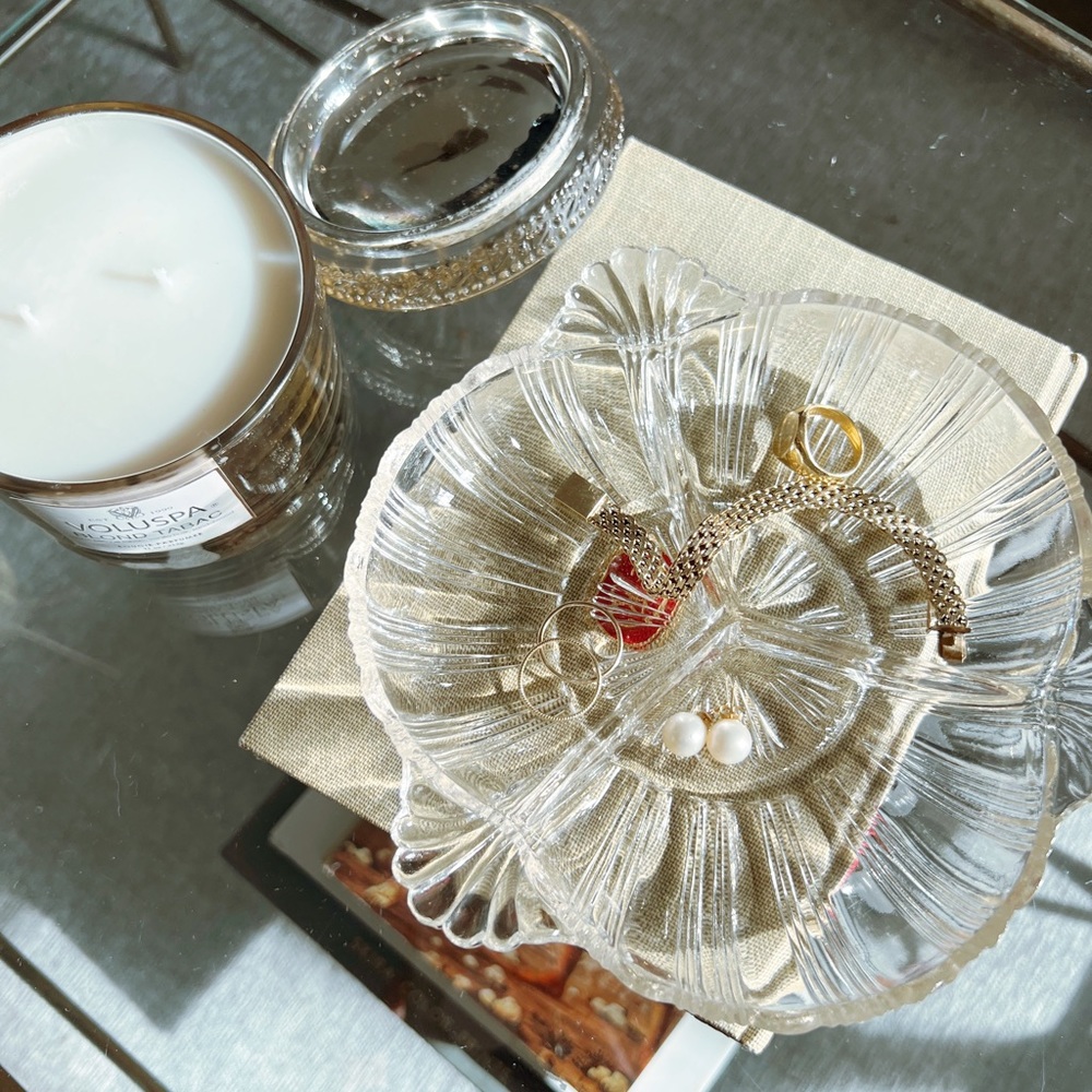 Glass catch-all vanity tray for jewelry, makeup, accessories & other items
